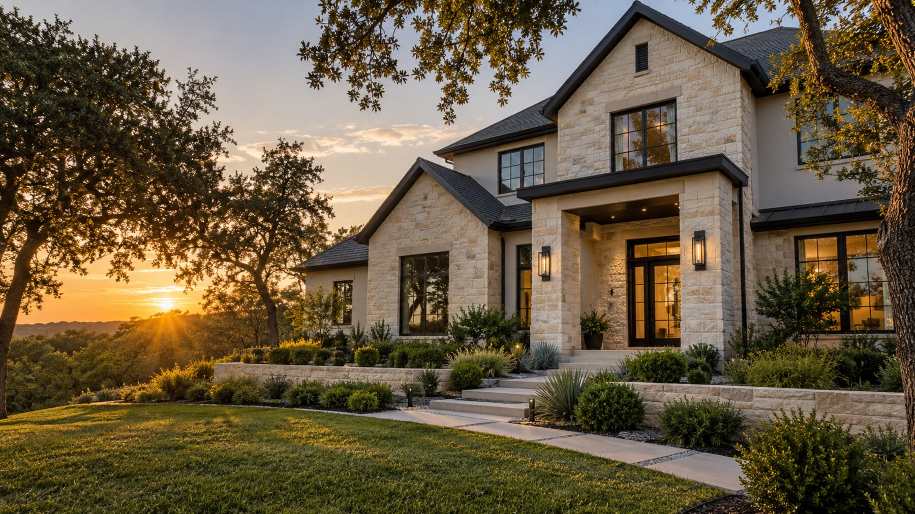 Professionally photographed Central Texas home at golden hour